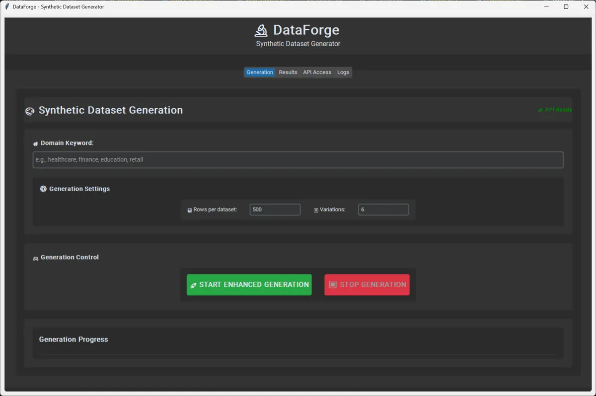 DataForge desktop app: a domain keyword field, rows-per-dataset and variation settings, and start and stop generation controls.